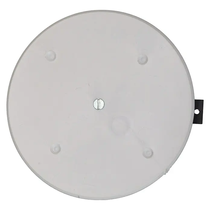 Stegleitungsdose - 70 x 20 mm - Nahaufnahme einer runden, weißen Verteilerdose mit einer Schraube in der Mitte und vier Befestigungspunkten.