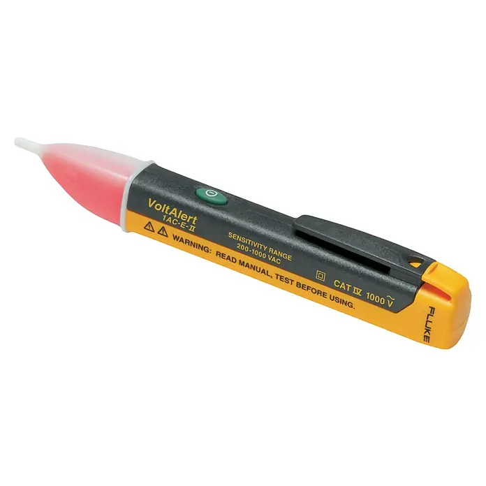 Fluke Kontaktloser Spannungsprüfer VoltAlert 1AC-II - 200 V - 1.000 V, IP40, CAT IV 1.000 V - Abgebildet ist ein Fluke VoltAlert 1AC-E-II Spannungsprüfer, ein berührungsloser AC-Spannungsdetektor mit einer gelben Spitze und schwarzem Gehäuse.