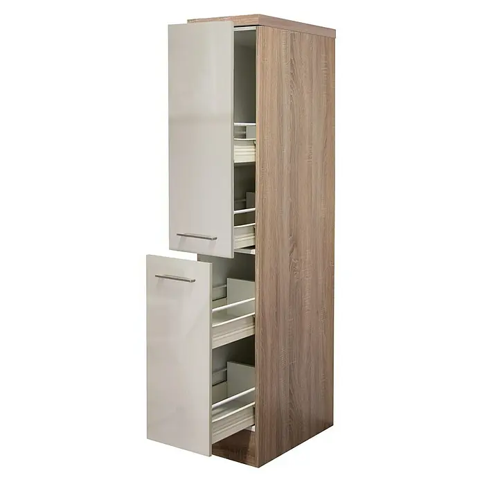 Flex-Well Palma Demi-Apothekerschrank - 57 x 30 x 162 cm, Dekor Front: Kaschmir Glanz, Dekor Korpus: Sonoma Eiche (außen) - Schrank mit Regalböden und zwei Schubladen in Beige und Holzoptik. Praktische Stauraumlösung für Küche oder Bad.