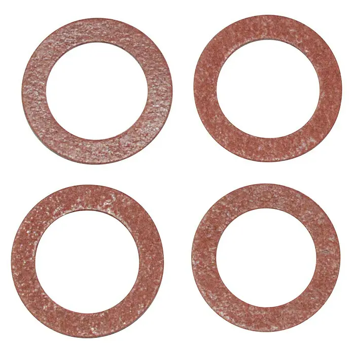 Fiberdichtung - ⅜″, Geeignet für: Flexschläuche, 4 Stk. - Nahaufnahme von vier roten Dichtungsringen, die in einem Quadrat aufgereiht sind. Ideal für Sanitär- und Heimwerkerprojekte.
