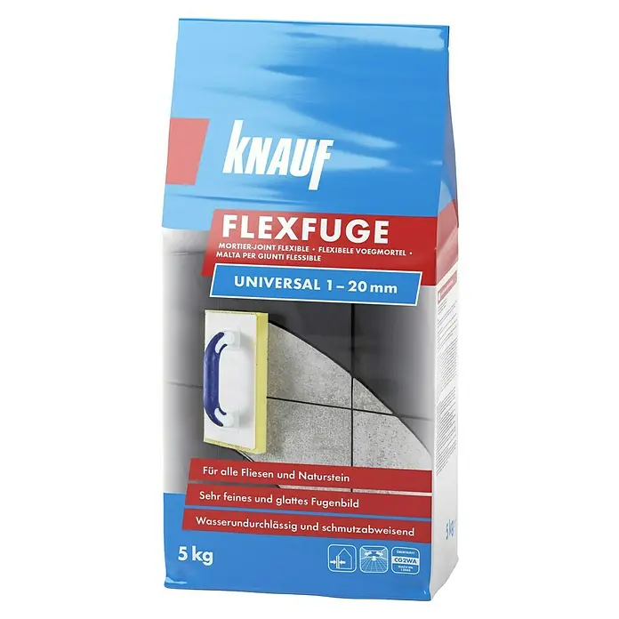 Knauf Flexfuge Universal - Manhattan, 10 kg - Aufnahme eines 5 kg-Sacks Knauf Flexfuge Universal-Fugenmörtel, geeignet für Fliesen und Naturstein, mit einer Fugenbreite von 1–20 mm.