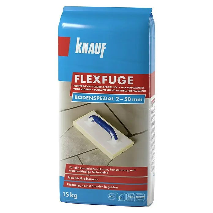 Knauf Flexfuge Bodenspezial - Anthrazit, 15 kg - Produktbild von Knauf Flexfuge Bodenspezial 2-50 mm, ein flexibler Fugenmörtel für keramische Fliesen und Natursteine, ideal für Großformate und schnell begehbar.