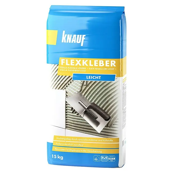 Knauf Flexkleber Leicht - 15 kg - Abbildung eines Sackes Flexkleber der Marke Knauf, ein leichter, flexibler Fliesenkleber mit 15 kg Inhalt für vielfältige Anwendungen.
