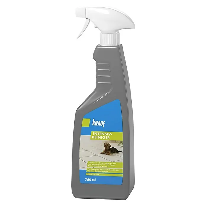 Knauf Intensivreiniger - 750 ml, Flasche mit Sprühkopf - Abgebildet ist eine Sprühflasche Knauf Intensiv-Reiniger, ein hochwirksames Reinigungsmittel für Fliesen und Natursteinböden.