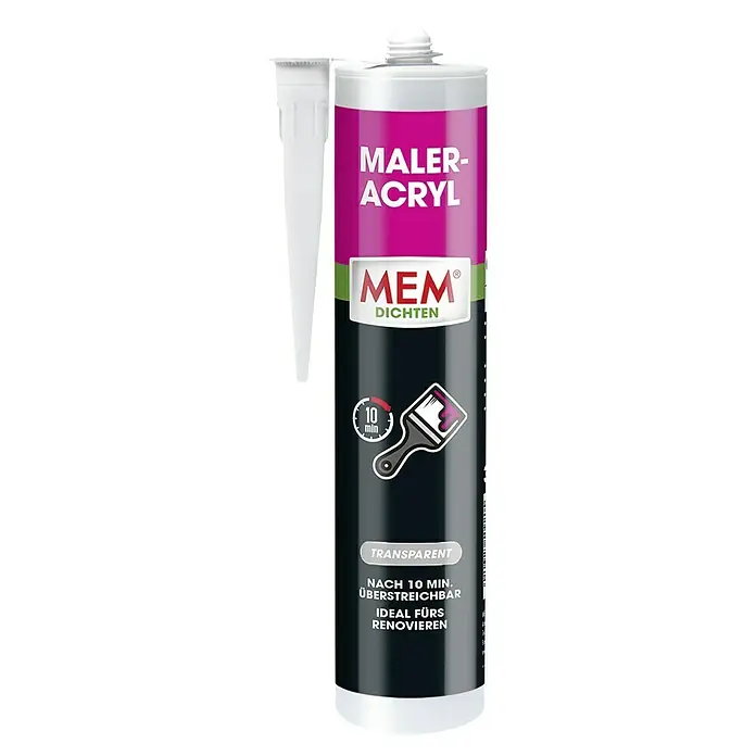 MEM Maleracryl - Transparent, 300 ml - Eine Kartusche Maleracryl von MEM Dichten. Das Acryl ist transparent und nach 10 Minuten überstreichbar, ideal für Renovierungen.
