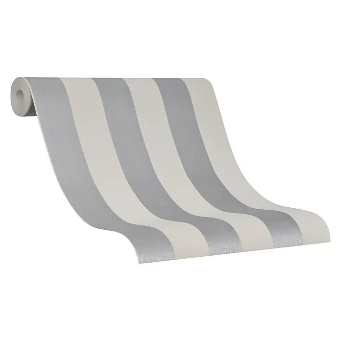 Marburg La Veneziana IV Vliestapete - Beige/Grau, Streifen, 10,05 x 0,53 m - Nahaufnahme einer Rolle gestreifter Tapete in Silber- und Weißtönen, die ein modernes und elegantes Design für die Wanddekoration zeigt.