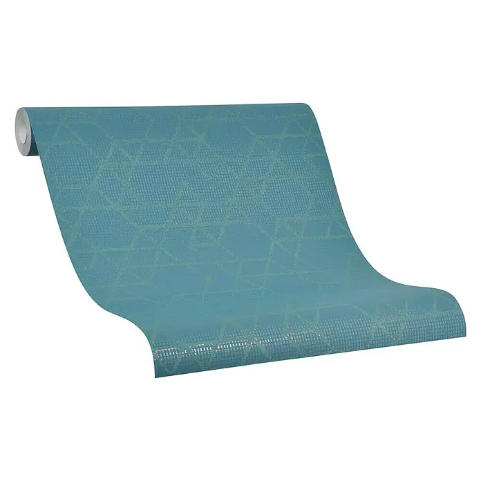 Marburg Montego Vliestapete Schneeflockenoptik - Blau, Grafisch, 10,05 x 0,53 m - Eine Rolle mintfarbene geometrische Tapete mit subtilem Muster, die auf einer schwarzen Oberfläche liegt.