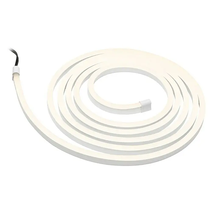 Paulmann LED-Band Simpled Outdoor - Länge: 3 m, Lichtfarbe: Warmweiß, 12 W, 1.260 lm - Das Bild zeigt eine weiße, aufgerollte LED-Neonröhre mit Kabelenden auf einem schwarzen Hintergrund. Ideal für Dekoration und stimmungsvolle Beleuchtung.