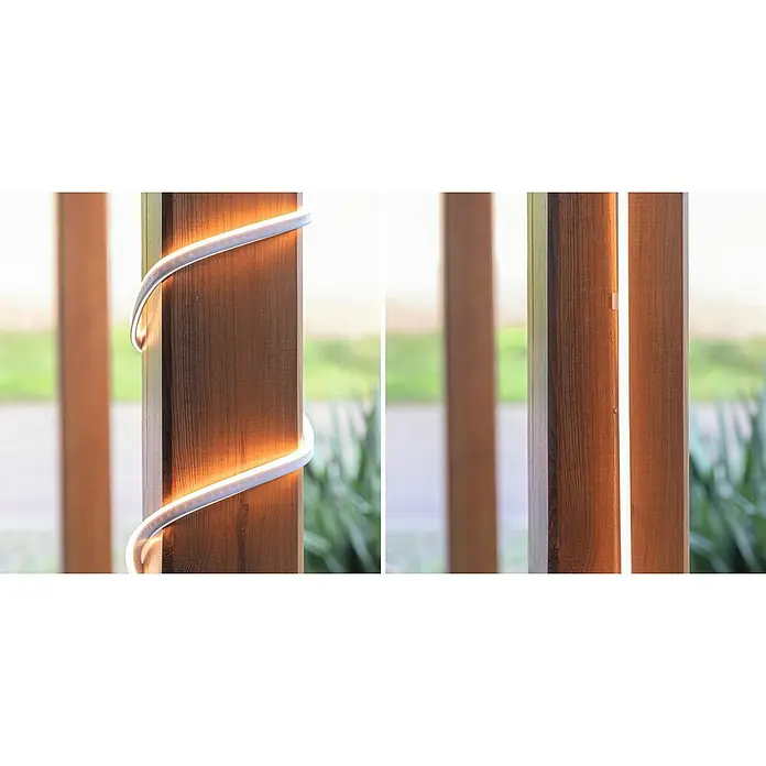 Paulmann LED-Band Simpled Outdoor - Länge: 3 m, Lichtfarbe: Warmweiß, 12 W, 1.260 lm - Nahaufnahme einer LED-Neonröhre, die spiralförmig um einen Holzpfosten gewickelt ist und ein warmes, einladendes Licht ausstrahlt.