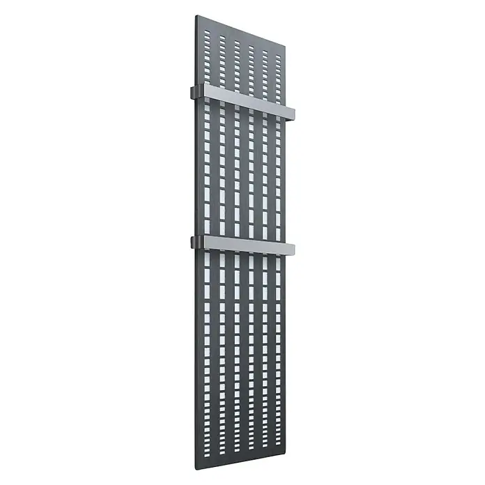 Szagato Designheizkörper Broken Mirror 3 - B x H: 470 x 1.800 mm, Wärmeleistung bei Vorlauftemperatur von 75 °C (D: 50): 1.118 W, Mit 2 Handtuchhalter (50 mm) - Ein vertikaler, perforierter Heizkörper in Anthrazit mit zwei Handtuchhaltern aus Edelstahl. Praktisch und stilvoll für Ihr Bad!