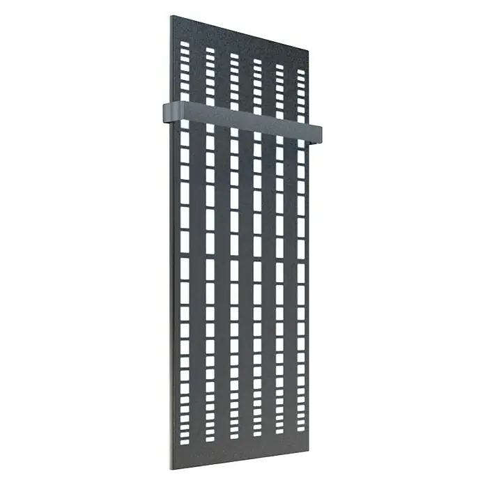 Szagato Designheizkörper Broken Mirror 2 - B x H: 470 x 1.200 mm, Wärmeleistung bei Vorlauftemperatur von 75 °C (D: 50): 799 W, Mit 1 Handtuchhalter (50 mm) - Graue Metalleinheit mit rechteckigen Ausschnitten und einer horizontalen Stütze.