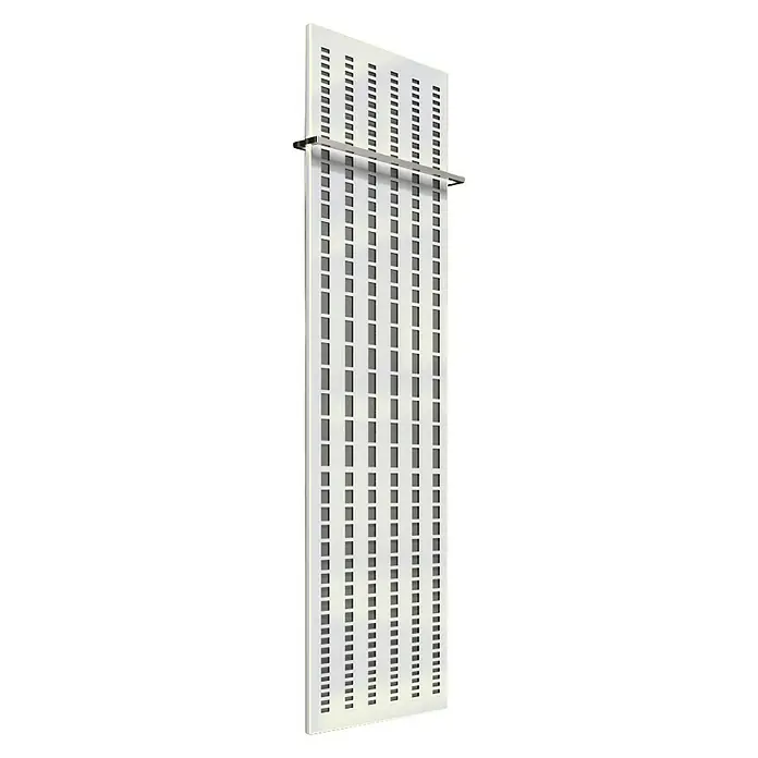 Szagato Designheizkörper Broken Mirror 3 - B x H: 470 x 1.800 mm, Wärmeleistung bei Vorlauftemperatur von 75 °C (D: 50): 1.118 W, Moonstone-Grau/Weiß, Mit 1 Handtuchhalter (15 mm) - Modern gestalteter, weißer Heizkörper mit quadratischen Aussparungen und Handtuchhalter. Elegantes Design für Ihr Badezimmer.