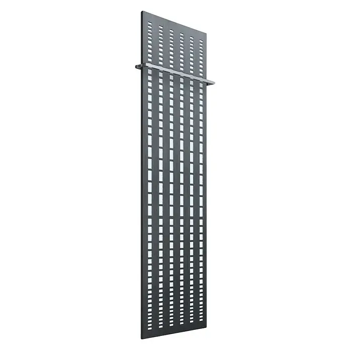 Szagato Designheizkörper Broken Mirror 3 - B x H: 470 x 1.800 mm, Wärmeleistung bei Vorlauftemperatur von 75 °C (D: 50): 1.118 W, Weiß/Moonstone-Grau, Mit 1 Handtuchhalter (15 mm) - Eine moderne, hohe Heizkörperverkleidung mit einem schlanken Design und rechteckigen Ausschnitten für eine effiziente Wärmeabgabe.