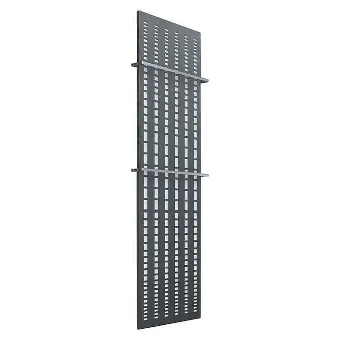 Szagato Designheizkörper Broken Mirror 3 - B x H: 470 x 1.800 mm, Wärmeleistung bei Vorlauftemperatur von 75 °C (D: 50): 1.118 W, Weiß/Moonstone-Grau, Mit 2 Handtuchhalter (15 mm) - Graues Heizkörperelement mit Löchern und silbernen Halterungen, ein modernes und elegantes Design für das Badezimmer oder andere Räume.