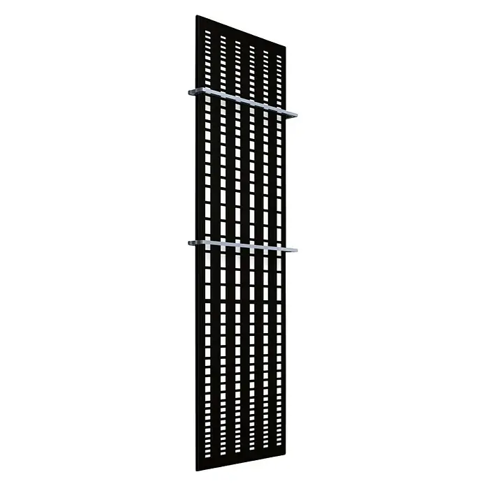 Szagato Designheizkörper Broken Mirror 3 - B x H: 470 x 1.800 mm, Wärmeleistung bei Vorlauftemperatur von 75 °C (D: 50): 1.118 W, Weiß/Schwarz, Mit 2 Handtuchhalter (15 mm) - Schwarzer Handtuchwärmer mit silbernen Halterungen und rechteckigen Aussparungen zur Badezimmerausstattung.