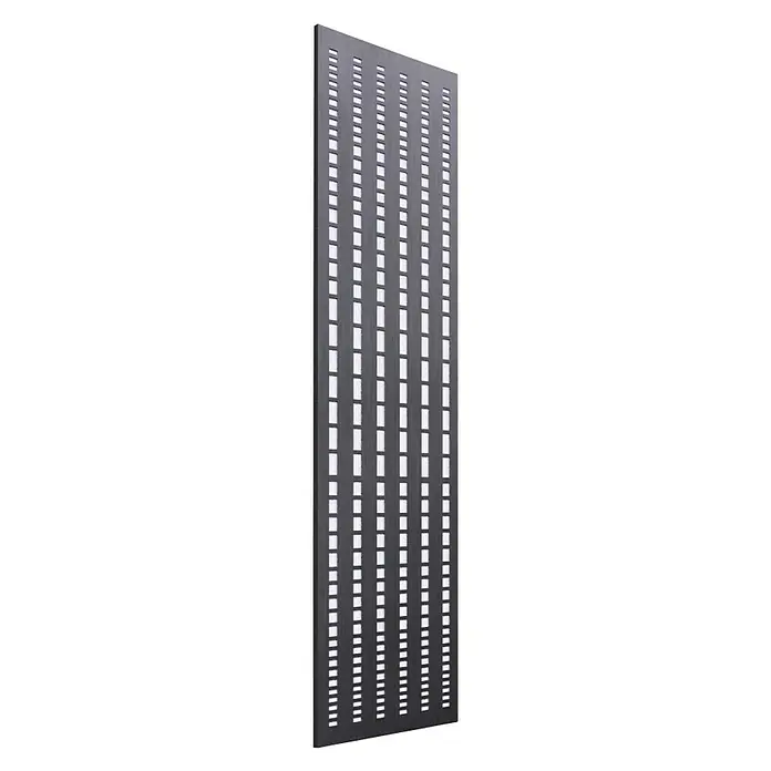 Szagato Designheizkörper Broken Mirror 3 - B x H: 470 x 1.800 mm, Wärmeleistung bei Vorlauftemperatur von 75 °C (D: 50): 1.118 W, Weiß/Moonstone-Grau, Ohne Handtuchhalter - Dünne, graue Metallplatte mit rechteckigen Löchern, die in regelmäßigen Abständen angeordnet sind und ein elegantes, modernes Design ergeben.