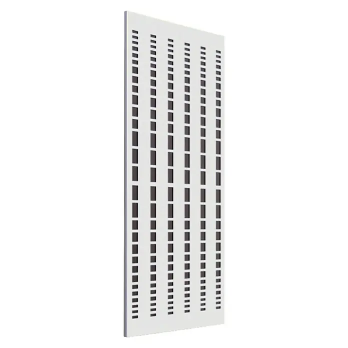 Szagato Designheizkörper Broken Mirror 2 - B x H: 470 x 1.200 mm, Wärmeleistung bei Vorlauftemperatur von 75 °C (D: 50): 799 W, Moonstone-Grau/Weiß, Ohne Handtuchhalter - Eine lange, weiße Akustikplatte mit einem Muster aus vertikalen, unterschiedlich großen Rechtecken, die zur Schallabsorption beiträgt.