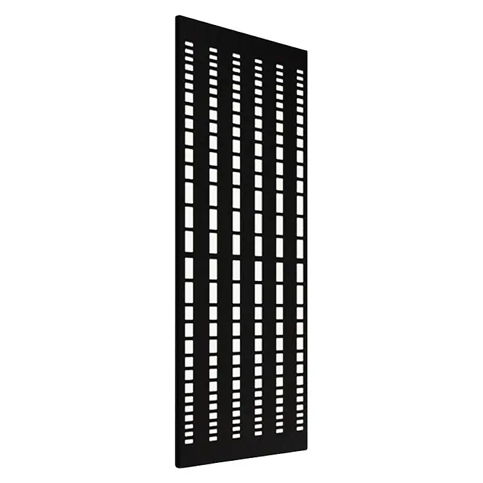 Szagato Designheizkörper Broken Mirror 2 - B x H: 470 x 1.200 mm, Wärmeleistung bei Vorlauftemperatur von 75 °C (D: 50): 799 W, Weiß/Schwarz, Ohne Handtuchhalter - Schwarze Akustikplatte mit einem Muster aus vertikalen, weißen Rechtecken, die für Schallabsorption in Räumen sorgt.