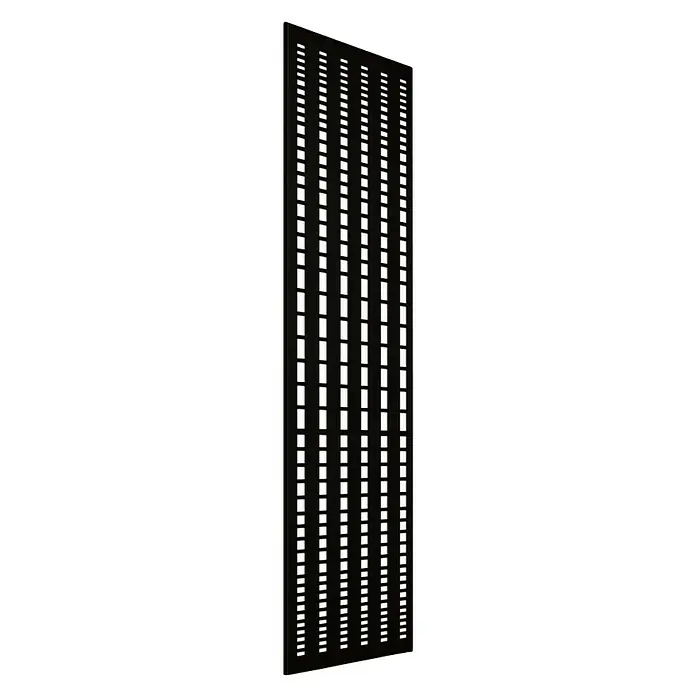Szagato Designheizkörper Broken Mirror 3 - B x H: 470 x 1.800 mm, Wärmeleistung bei Vorlauftemperatur von 75 °C (D: 50): 1.118 W, Schwarz, Ohne Handtuchhalter - Bild eines schwarzen, perforierten Paneels. Das Paneel hat regelmäßige, rechteckige Aussparungen und steht aufrecht.