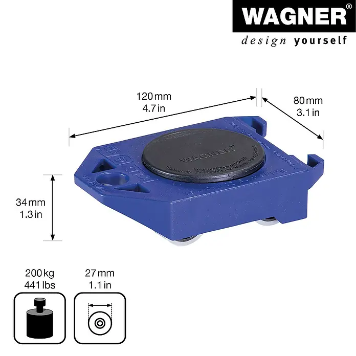 Wagner System Transportroller - L x B x H: 11,7 x 7,9 x 3,4 cm, Traglast: 200 kg, Kunststoff - Bild eines blauen Möbelrollers mit den Maßen 120 mm x 80 mm x 34 mm und einer Tragfähigkeit von 200 kg.