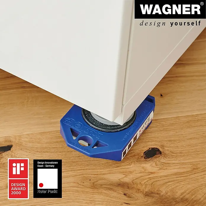 Wagner System Transportroller - L x B x H: 11,7 x 7,9 x 3,4 cm, Traglast: 200 kg, Kunststoff - Das Bild zeigt einen Möbelroller der Marke Wagner unter einem weißen Möbelstück auf einem Holzboden.