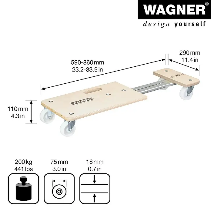 Wagner System Transportroller MM 1331 - Traglast: 200 kg, Holz, B x H: 290 x 110 mm - Abbildung eines Wagner Möbelrollers mit den Maßen 590-860 mm Länge, 110 mm Höhe und 290 mm Breite. Maximale Belastung 200kg.