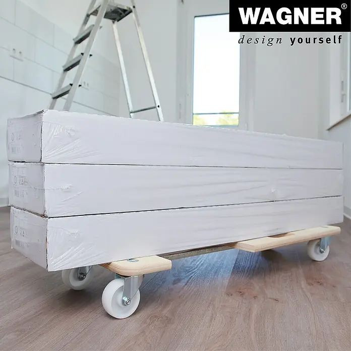 Wagner System Base con ruedas MM 1331 - Capacidad de carga: 200 kg, Madera, An x Al: 290 x 110 mm - Carro para muebles Wagner con tres paneles blancos envueltos encima, ideal para un transporte fácil de muebles y objetos pesados.