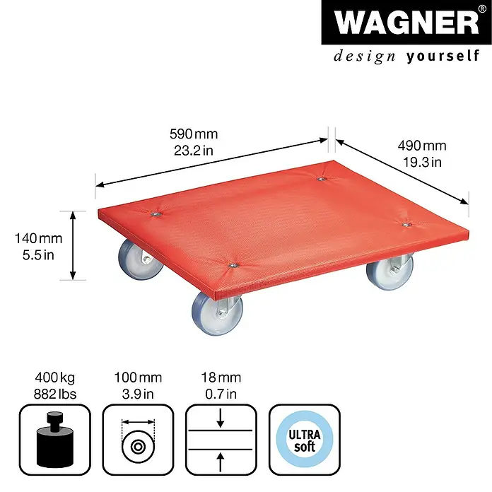Wagner System Transportroller MM1397 - L x B x H: 59 x 49 x 12,3 cm, Traglast: 400 kg, Holz - Abbildung eines roten Wagner Möbelrollers mit den Maßen 590x490x140 mm, einer Traglast von 400 kg und Rollen mit 100 mm Durchmesser.