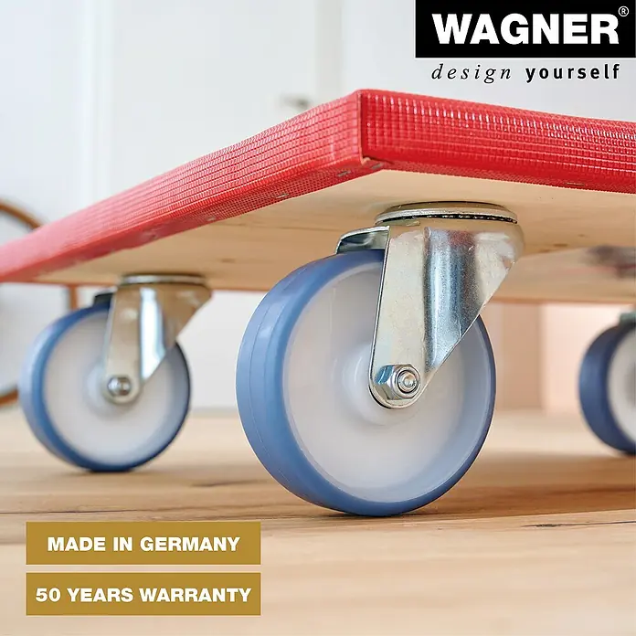 Wagner System Transportroller MM1397 - L x B x H: 59 x 49 x 12,3 cm, Traglast: 400 kg, Holz - Transportroller mit Rädern. Der Wagen hat eine rote Umrandung und eine Holzplatte.
