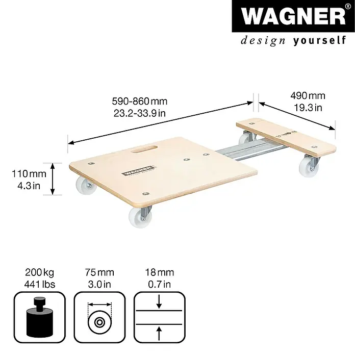 Wagner System Transportroller MM 1332 - Traglast: 200 kg, Holz, B x H: 490 x 135 mm - Produktbild eines Möbelrollers von Wagner mit Größenangaben. Der Wagen ist aus Holz und hat vier Rollen.