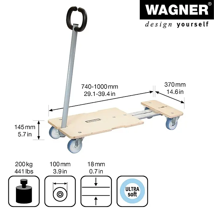Wagner System Transportroller Star Carrier Extendable MM 1333 - Traglast: 200 kg, Holz - Produktbild: Der Wagner Möbelroller MM 1326 mit technischen Daten und Produktmerkmalen.