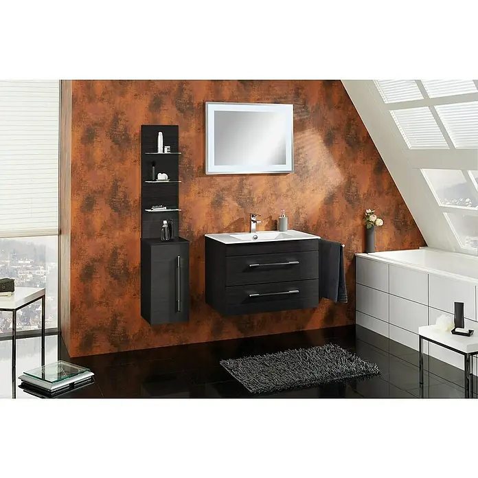 Camargue Stella K Waschtischunterschrank - 79,4 x 48,8 x 55 cm, Ohne Beleuchtung, Dark Oak - Dieses Badezimmer verfügt über einen Waschtischunterschrank in dunklem Holz mit Schubladen und einen passenden Spiegelschrank mit integrierter Beleuchtung.