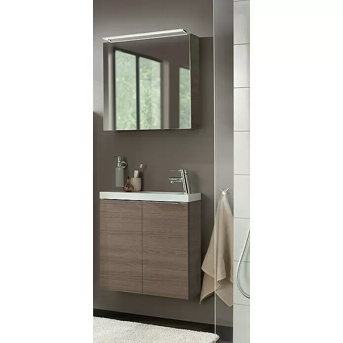 Camargue Stella LED-Spiegelschrank - B x H: 60 x 68,4 cm, Mit Beleuchtung, DIN Anschlag: Links, Eiche Maron, Spanplatte - Stimmungsaufnahme