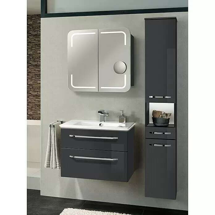 Camargue Stella LED-Spiegelschrank - B x H: 70 x 73,7 cm, Holz, Grafit, Mit Beleuchtung, Kantenausführung Tür: Abgerundet - Stimmungsaufnahme