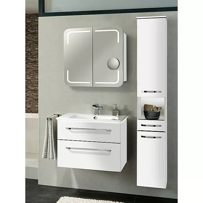 Camargue Stella LED-Spiegelschrank - B x H: 70 x 73,7 cm, Holz, Weiß, Mit Beleuchtung, Kantenausführung Tür: Abgerundet - Stimmungsaufnahme
