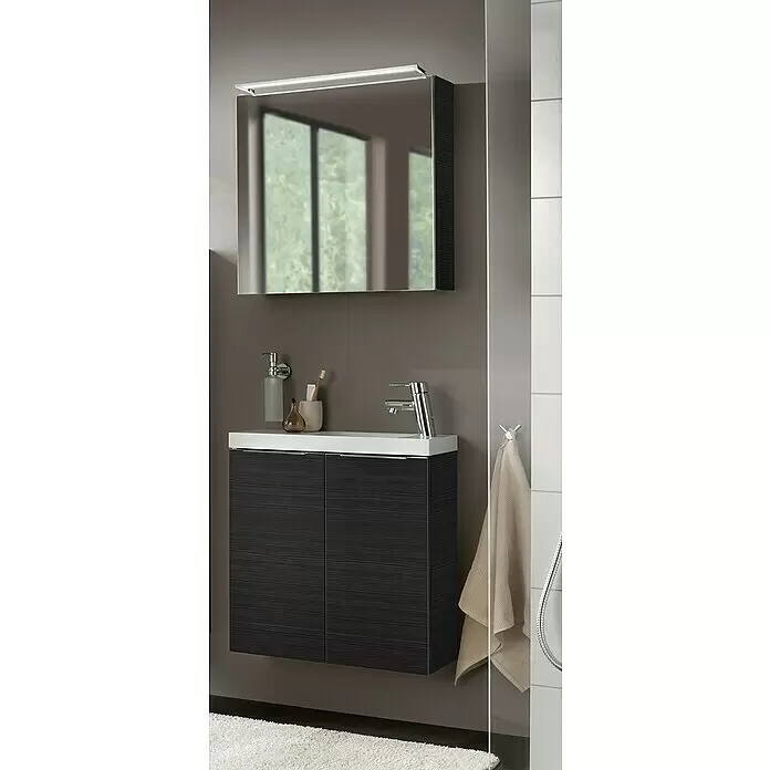Camargue Stella LED-Spiegelschrank - B x H: 60 x 68,4 cm, Mit Beleuchtung, DIN Anschlag: Links, Dark Oak, Spanplatte - Stimmungsaufnahme