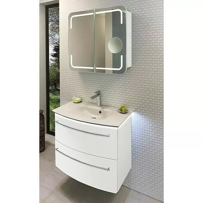Camargue Stella LED-Spiegelschrank - B x H: 80 x 73,7 cm, Holz, Weiß, Mit Beleuchtung, Kantenausführung Tür: Abgerundet - Stimmungsaufnahme