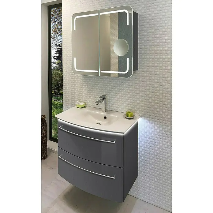 Camargue Stella LED-Spiegelschrank - B x H: 80 x 73,7 cm, Holz, Grafit, Mit Beleuchtung, Kantenausführung Tür: Abgerundet - Modernes Badezimmerensemble mit grauem Waschtischunterschrank, Aufsatzwaschbecken und Spiegelschrank mit LED-Beleuchtung für stilvolles Ambiente.