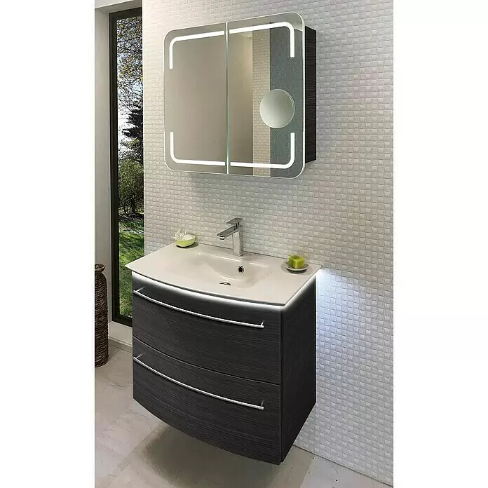 Camargue Stella LED-Spiegelschrank - B x H: 80 x 73,7 cm, Holz, Dark Oak, Mit Beleuchtung, Kantenausführung Tür: Abgerundet - Stimmungsaufnahme