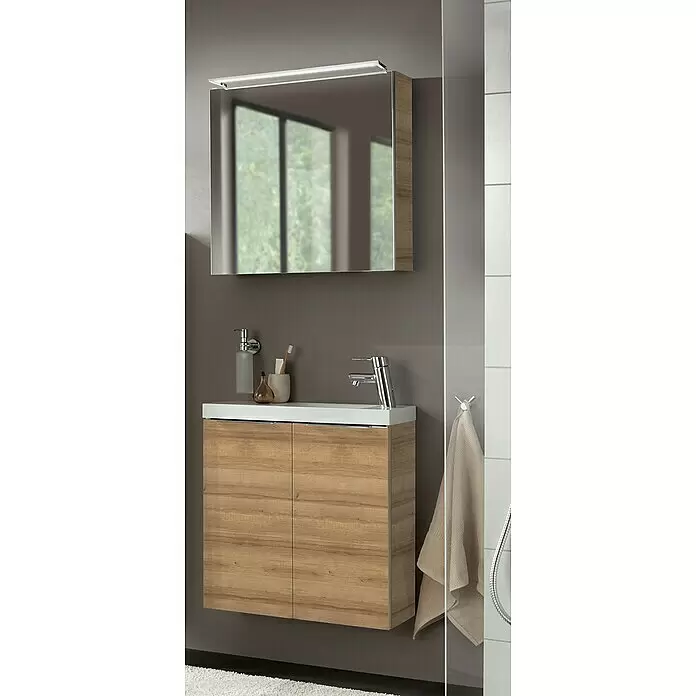Camargue Stella LED-Spiegelschrank - B x H: 60 x 68,4 cm, Mit Beleuchtung, DIN Anschlag: Links, Berg Eiche, Spanplatte - Stimmungsaufnahme