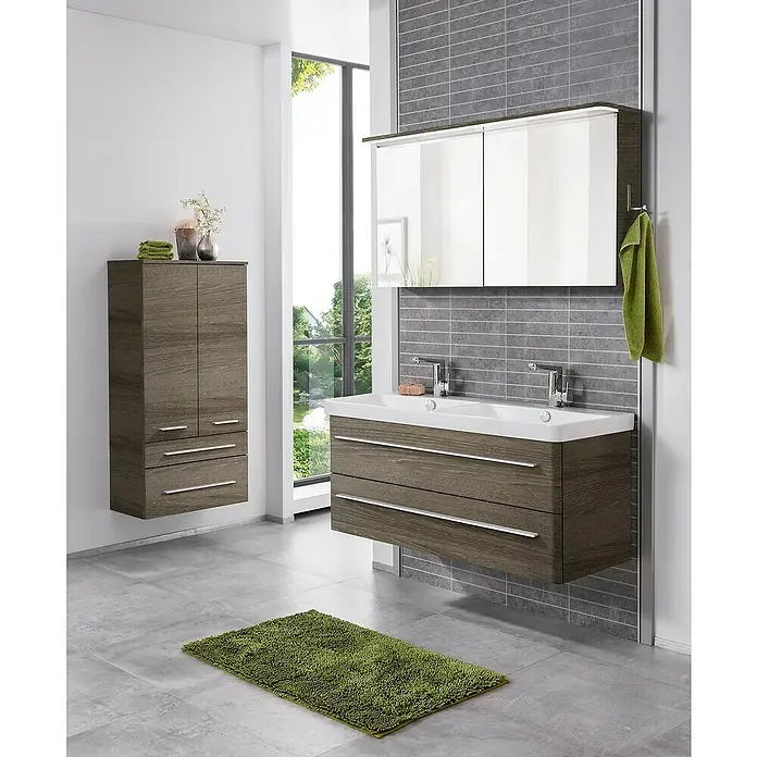 Lanzet Modern 3.0 LED-Spiegelschrank - B x H: 120 x 68,4 cm, Mit Beleuchtung, Eiche Maron - Modernes Badezimmer-Set mit Waschtischunterschrank, Spiegelschrank und Hochschrank in Holzoptik, für ein stilvolles Ambiente im Bad.