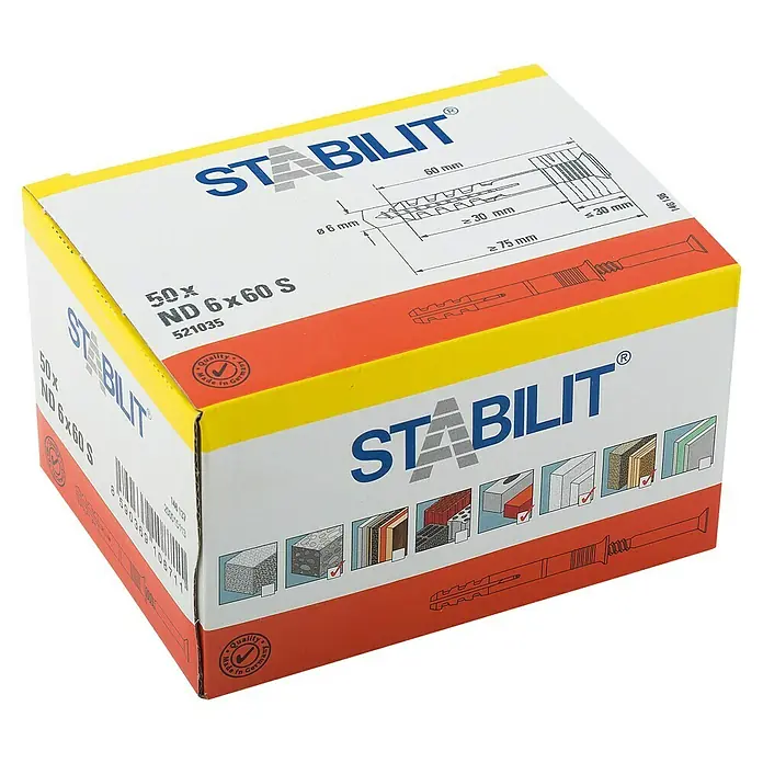 Stabilit Schlagdübel - Ø x L: 6 x 60 mm, Geeignet für: Vollbaustoffe & Mauerwerk, 50 Stk. - Eine Schachtel Stabilit Dübel ND 6x60 S, ideal für sichere Befestigungen in verschiedenen Materialien.