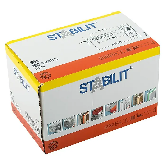 Stabilit Schlagdübel - Ø x L: 8 x 80 mm, Geeignet für: Vollbaustoffe & Mauerwerk, 50 Stk. - Eine Schachtel STABILIT ND 8x80 S Dübel, ideal für zuverlässige Befestigungen in verschiedenen Materialien. Qualität aus Deutschland.