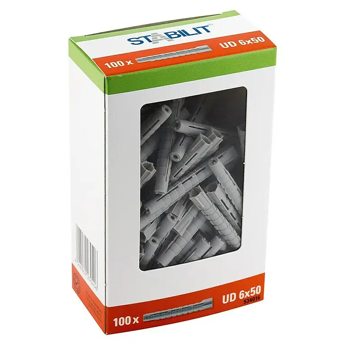 Stabilit Universal-Dübel - Durchmesser Dübel: 6 mm, Länge Dübel: 50 mm, Geeignet für: Vollbaustoffe, 100 Stk. - Eine Packung Stabil-Dübel UD 6x50, 100 Stück für vielfältige Befestigungen im Haushalt und Handwerk.