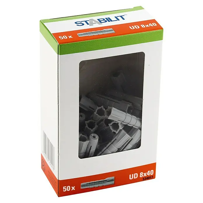 Stabilit Universal-Dübel - Durchmesser Dübel: 8 mm, Länge Dübel: 40 mm, Geeignet für: Vollbaustoffe, 50 Stk. - Dose mit 50 grauen Stabilit UD 8x40 Universaldübeln für sichere Befestigungen in verschiedenen Materialien. Ideal für Heimwerker und Profis.