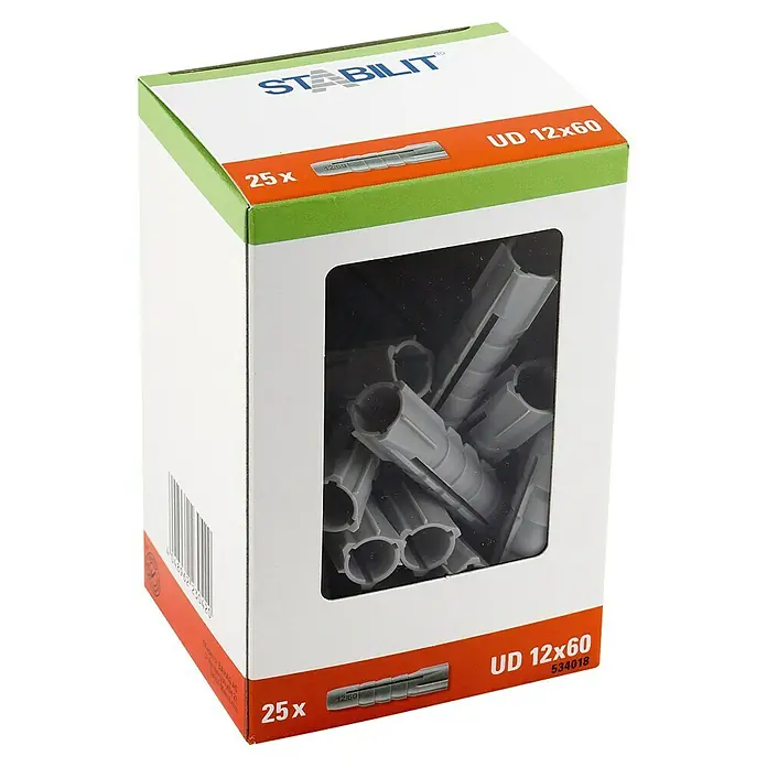 Stabilit Universal-Dübel - Durchmesser Dübel: 12 mm, Länge Dübel: 60 mm, Geeignet für: Vollbaustoffe, 25 Stk. - Nahaufnahme einer Packung StabilIT UD 12x60 Dübel, ideal für sichere Befestigungen im Heimwerkerbereich.