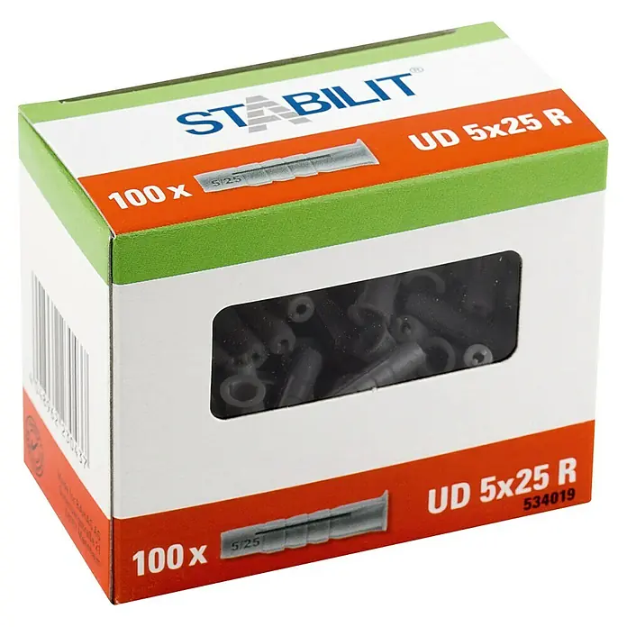 Stabilit Universal-Kragendübel - Durchmesser Dübel: 5 mm, Länge Dübel: 25 mm, 100 Stk. - Eine Packung Stabilil-Dübel UD 5x25 R, die 100 Stück enthält. Ideal für sichere Befestigungen in verschiedenen Materialien.