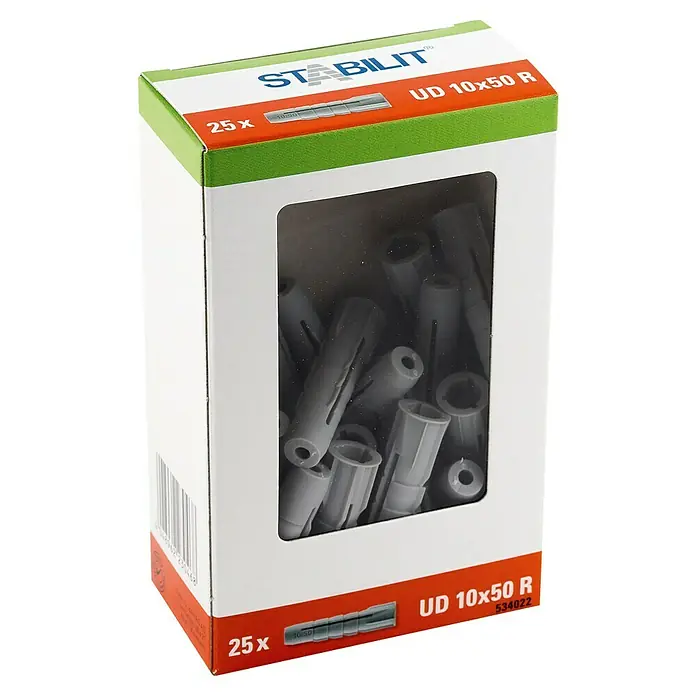 Stabilit Universal-Kragendübel - Durchmesser Dübel: 10 mm, Länge Dübel: 50 mm, 25 Stk. - Eine Packung Stabil-Dübel UD 10x50 R, die 25 Stück der grauen Dübel enthält, sichtbar durch ein Sichtfenster.