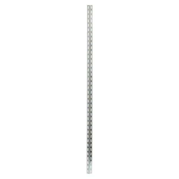 Regalux Winkelprofil - L x B x H: 4 x 4 x 250 cm, Verzinkt - Das Bild zeigt zwei Metallschienen mit regelmäßigen Löchern, die für Regalsysteme oder ähnliche Konstruktionen verwendet werden könnten.