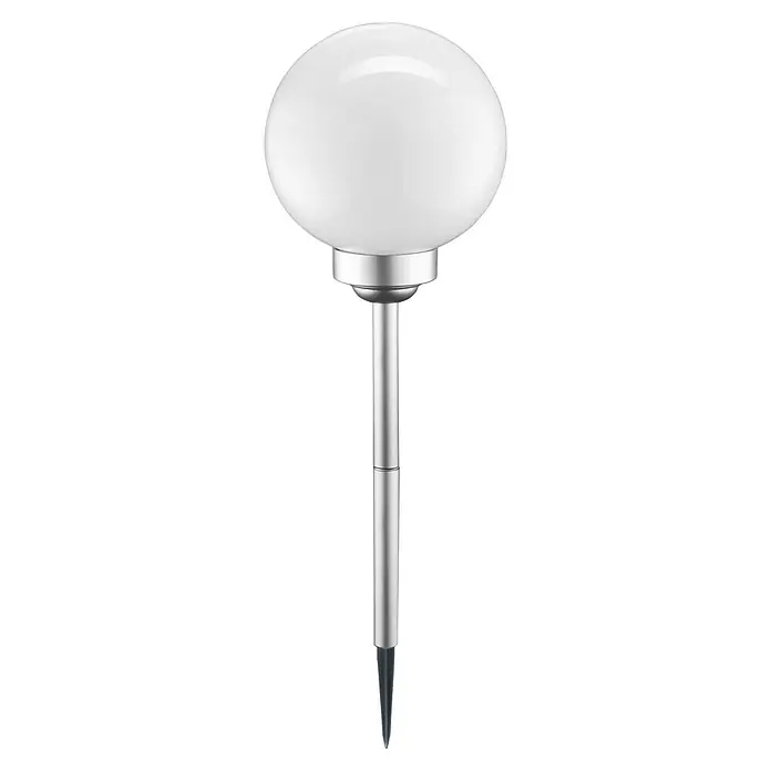 BAUHAUS Solar-Dekoleuchte Fara - Durchmesser: 20 cm, Höhe: 52,3 cm, LED - Gartenleuchte mit kugelförmigem Lampenschirm und Erdspieß. Der Lampenschirm ist weiß und der Stab ist aus silberfarbenem Metall gefertigt.